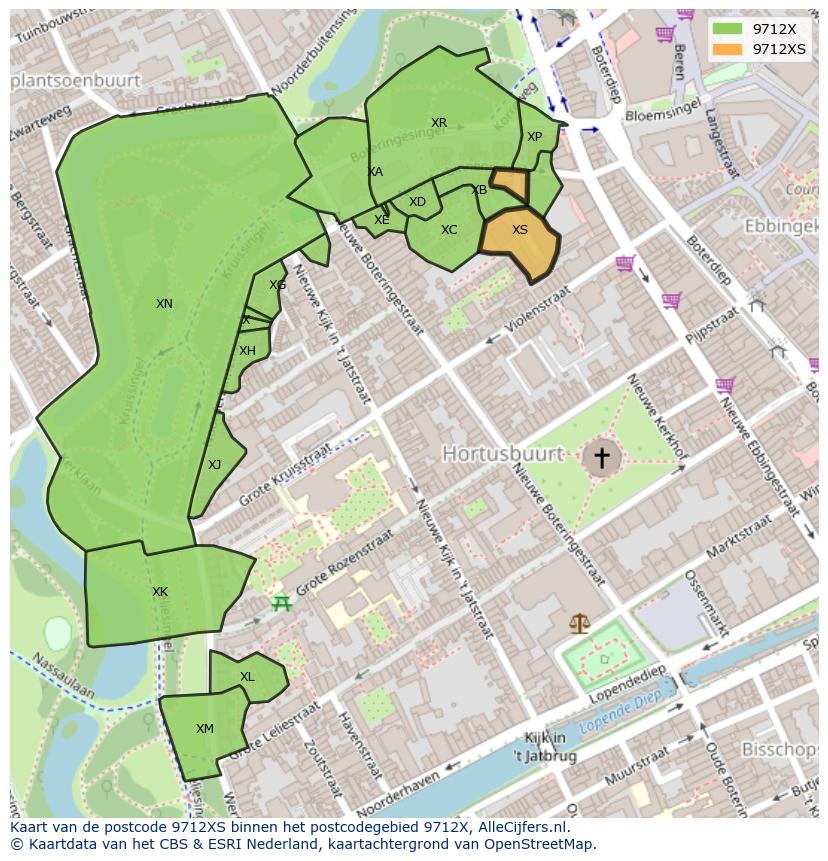 Afbeelding van het postcodegebied 9712 XS op de kaart.