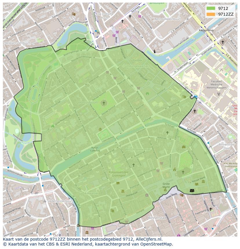 Afbeelding van het postcodegebied 9712 ZZ op de kaart.
