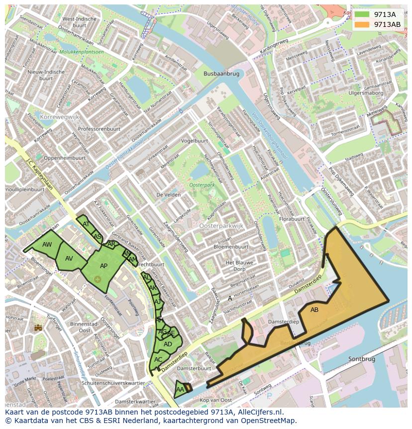 Afbeelding van het postcodegebied 9713 AB op de kaart.