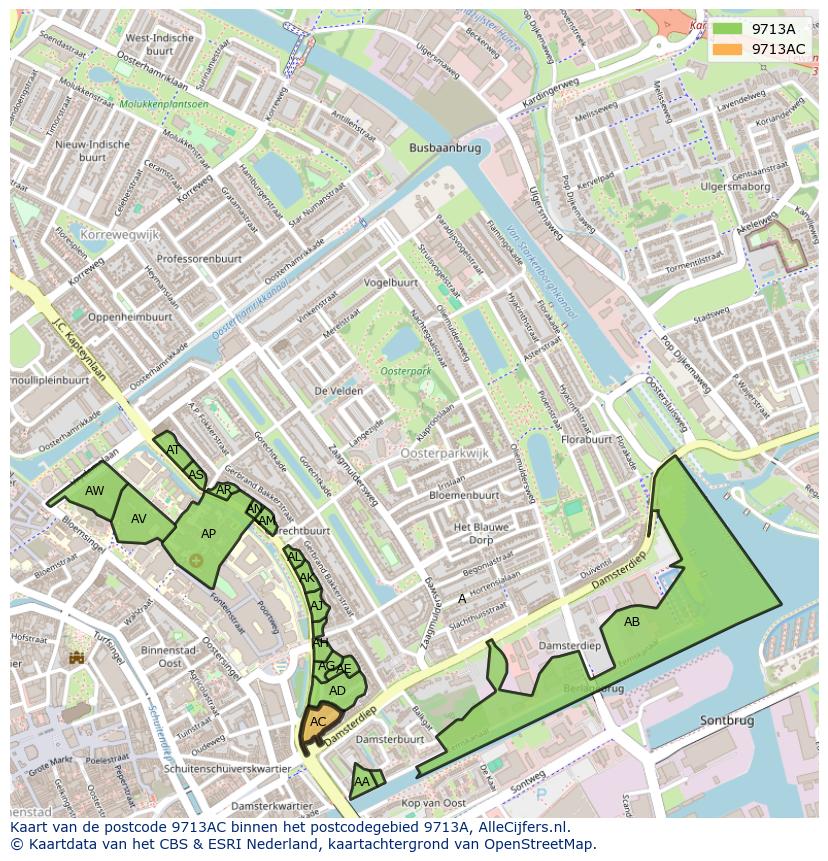 Afbeelding van het postcodegebied 9713 AC op de kaart.