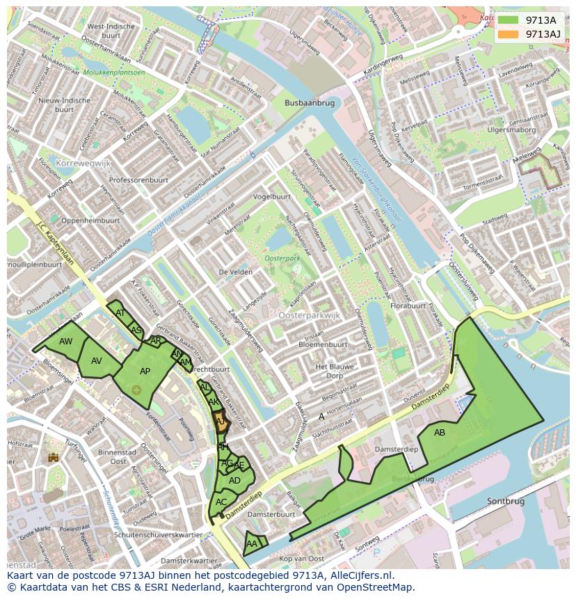 Afbeelding van het postcodegebied 9713 AJ op de kaart.