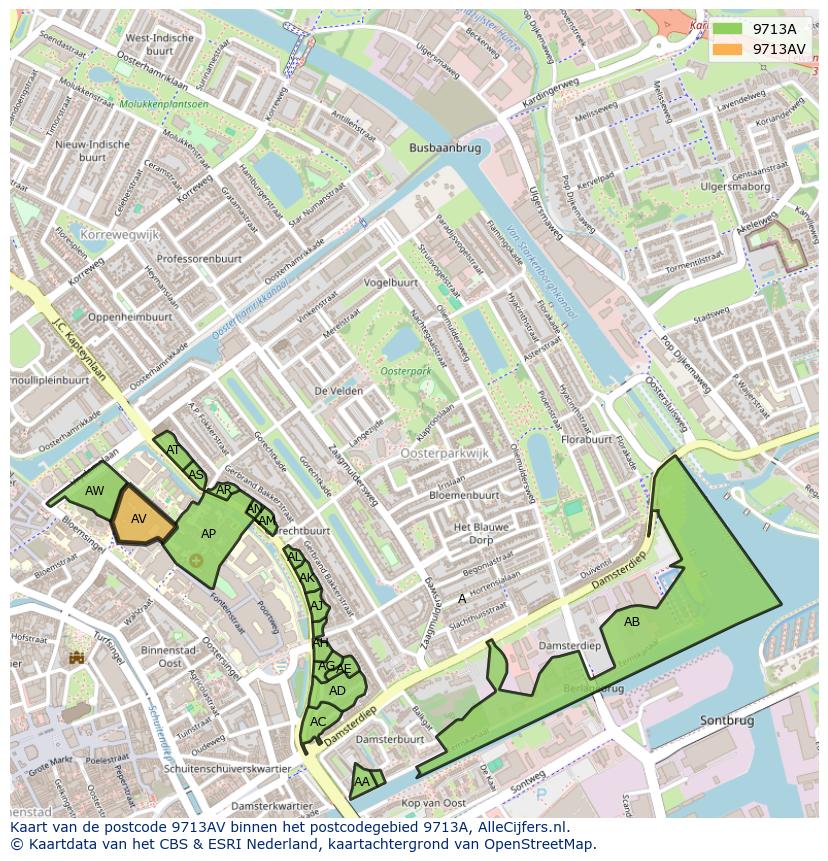 Afbeelding van het postcodegebied 9713 AV op de kaart.