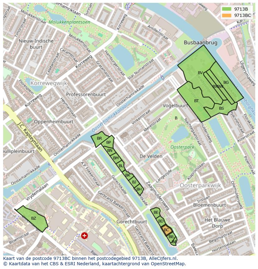 Afbeelding van het postcodegebied 9713 BC op de kaart.