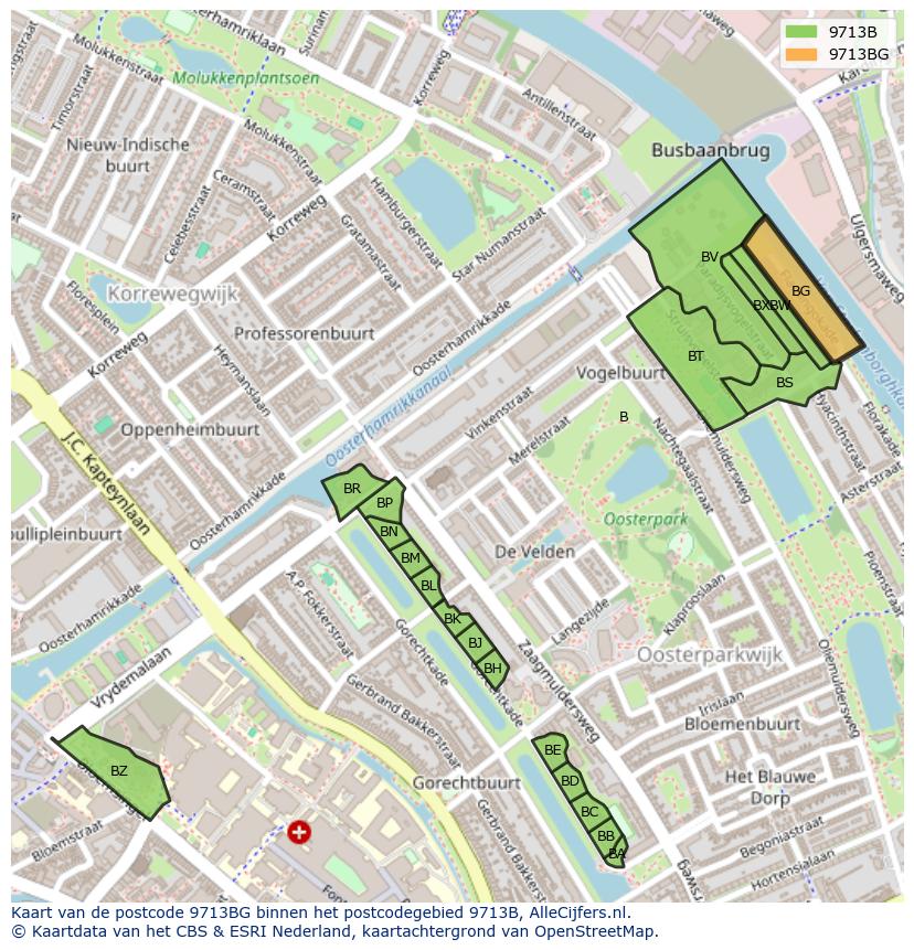 Afbeelding van het postcodegebied 9713 BG op de kaart.