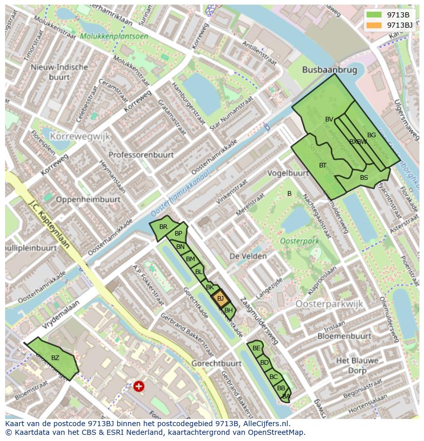Afbeelding van het postcodegebied 9713 BJ op de kaart.