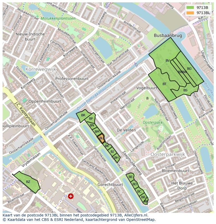 Afbeelding van het postcodegebied 9713 BL op de kaart.
