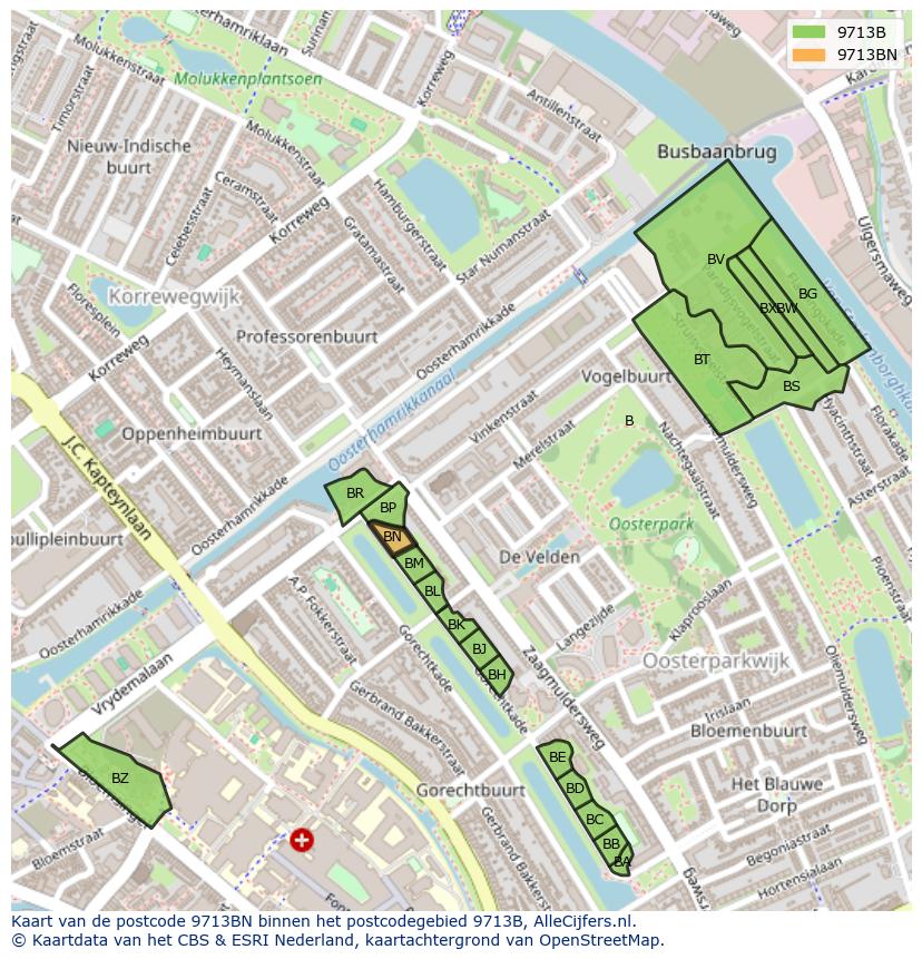 Afbeelding van het postcodegebied 9713 BN op de kaart.