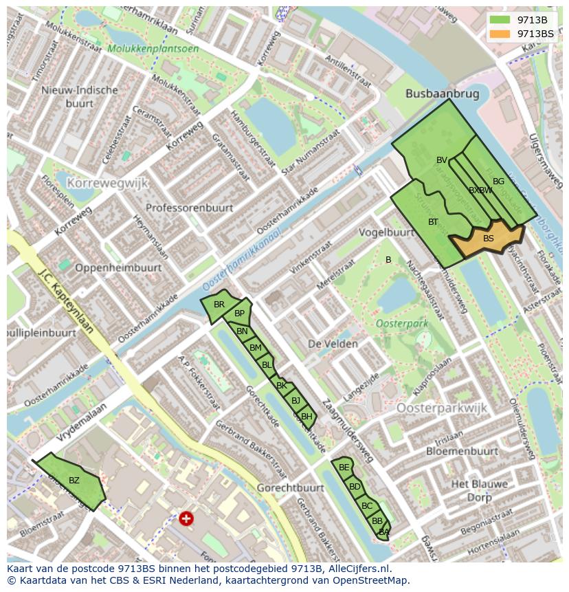 Afbeelding van het postcodegebied 9713 BS op de kaart.
