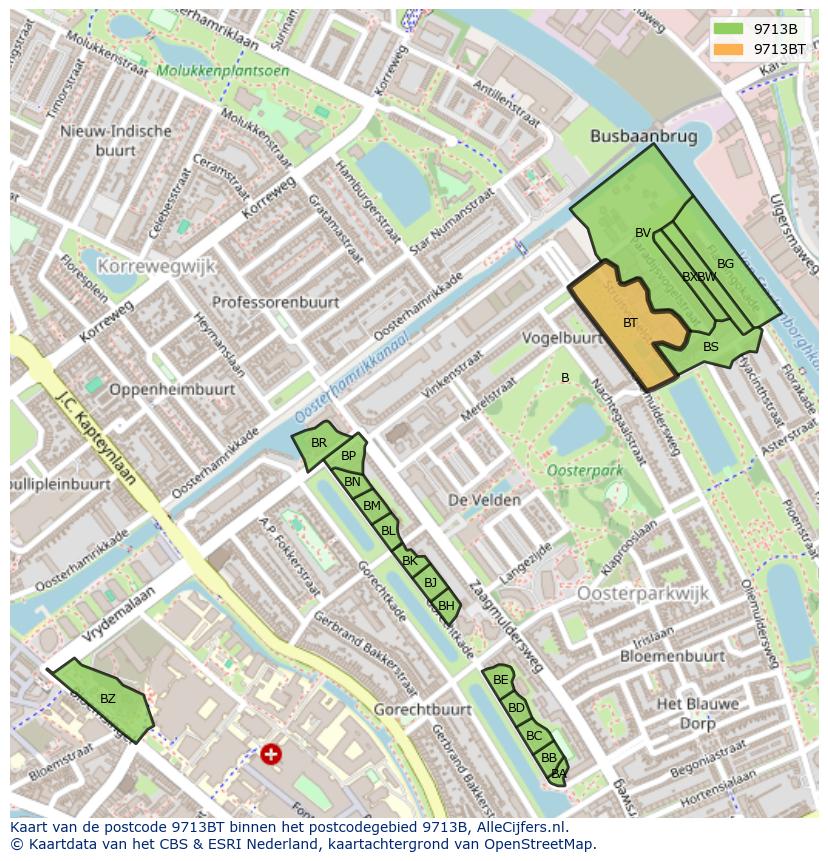 Afbeelding van het postcodegebied 9713 BT op de kaart.