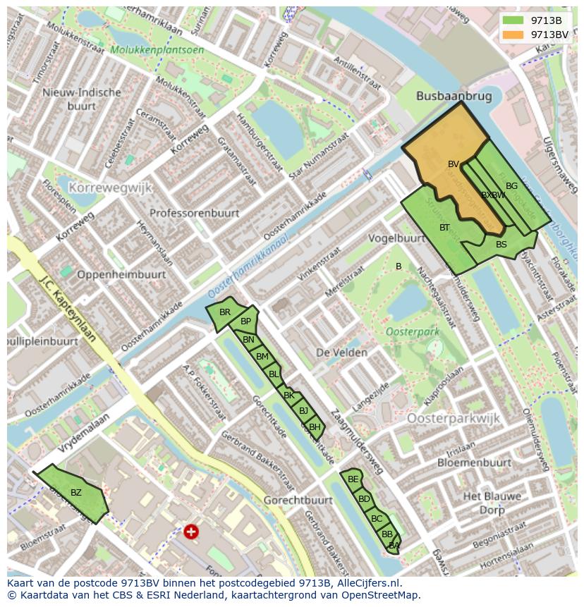 Afbeelding van het postcodegebied 9713 BV op de kaart.