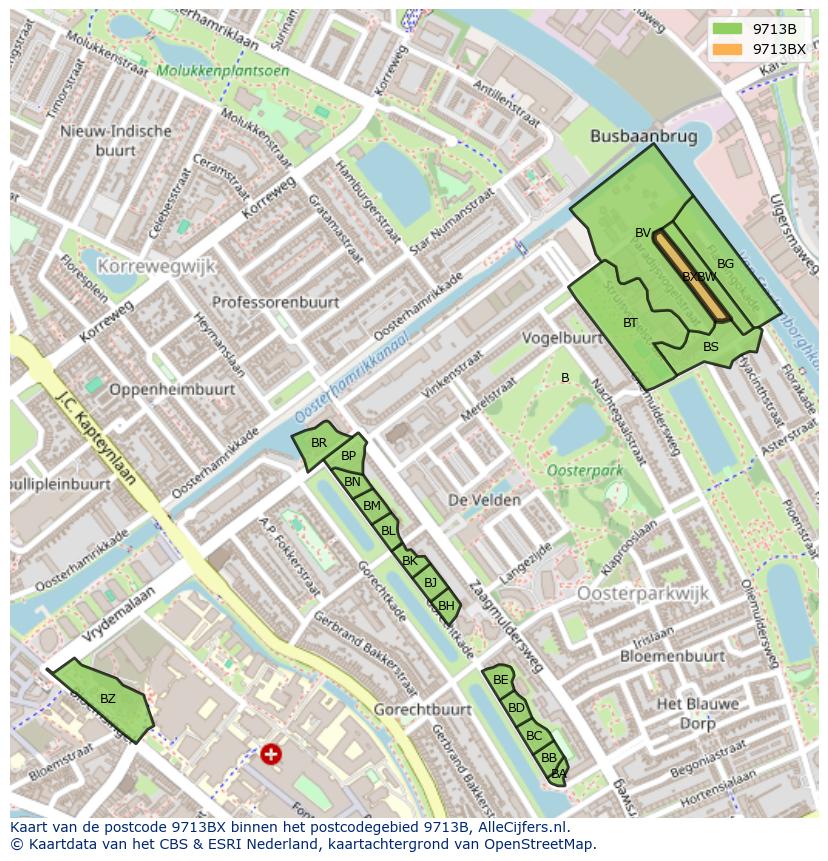 Afbeelding van het postcodegebied 9713 BX op de kaart.