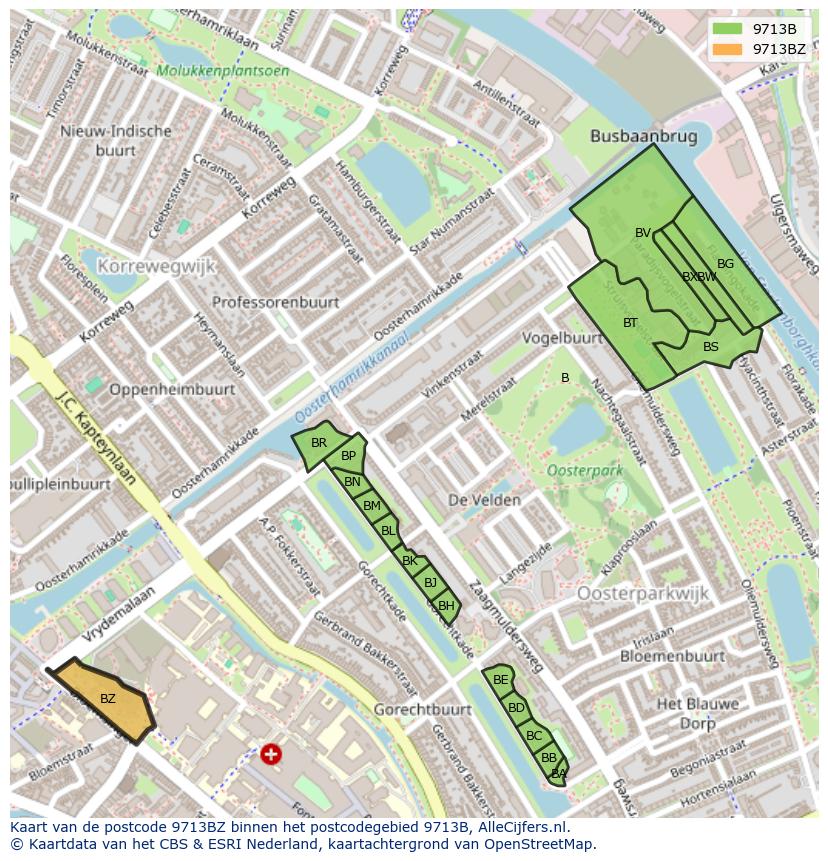 Afbeelding van het postcodegebied 9713 BZ op de kaart.