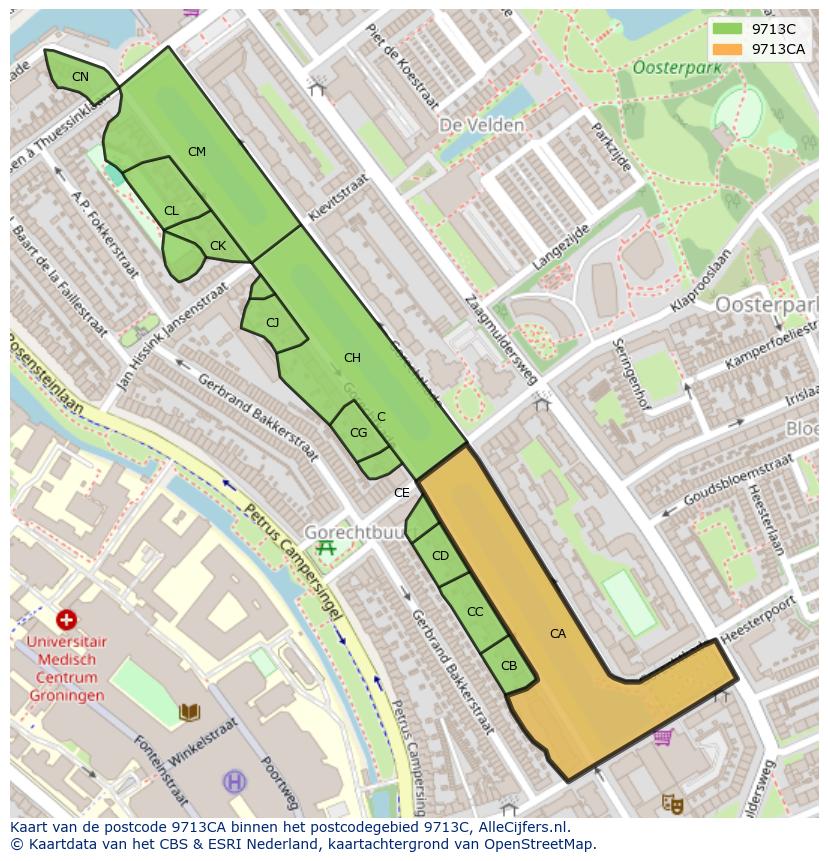 Afbeelding van het postcodegebied 9713 CA op de kaart.