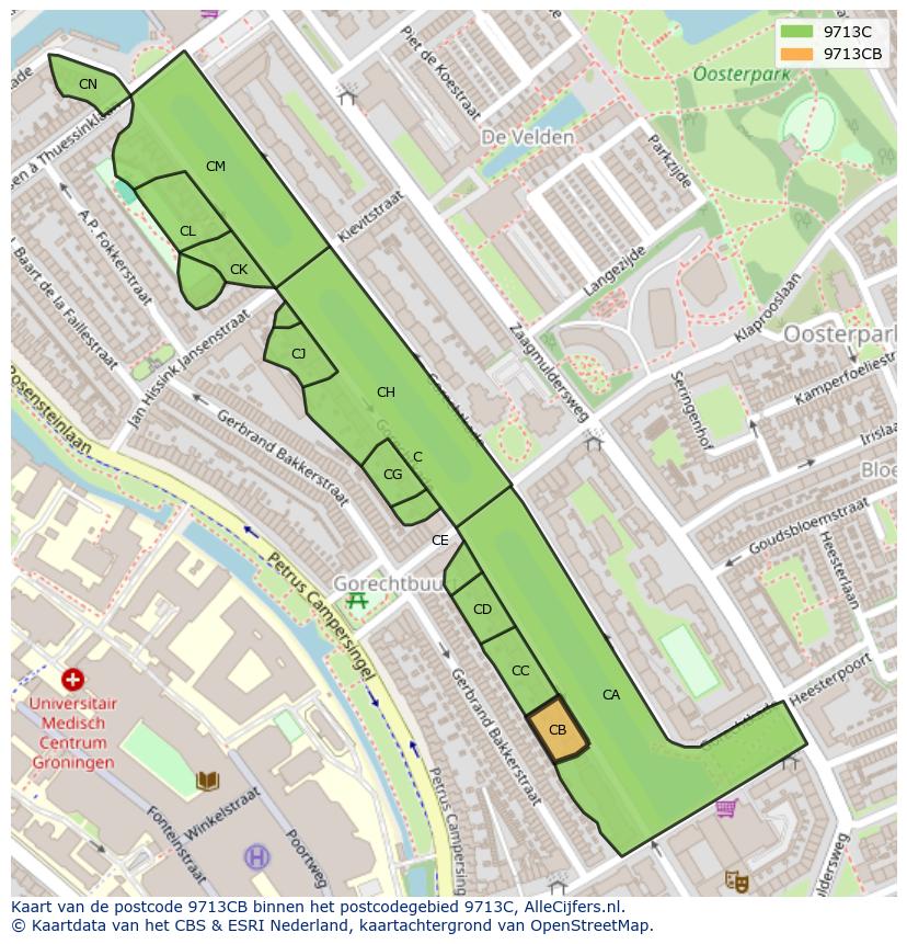 Afbeelding van het postcodegebied 9713 CB op de kaart.