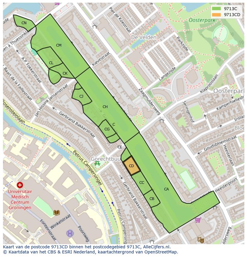 Afbeelding van het postcodegebied 9713 CD op de kaart.