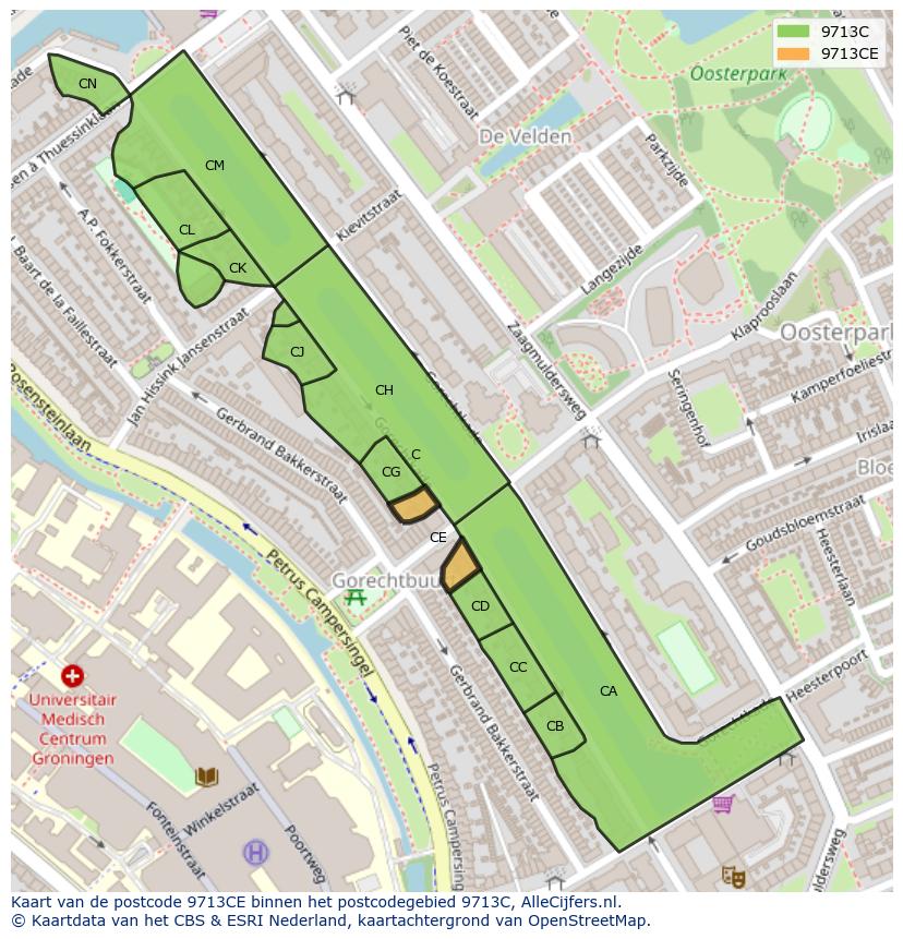 Afbeelding van het postcodegebied 9713 CE op de kaart.