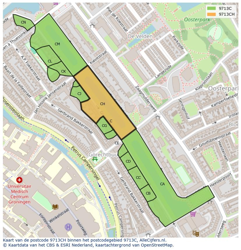 Afbeelding van het postcodegebied 9713 CH op de kaart.