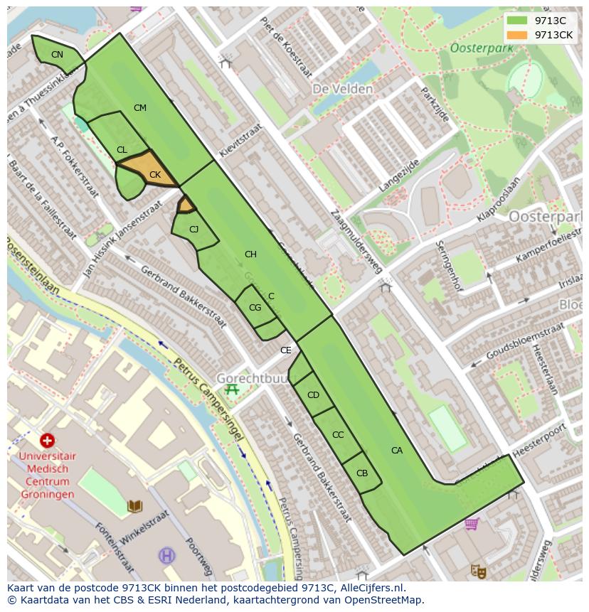 Afbeelding van het postcodegebied 9713 CK op de kaart.
