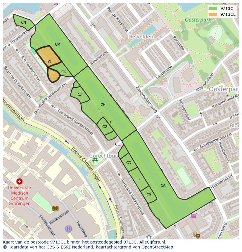 Afbeelding van het postcodegebied 9713 CL op de kaart.