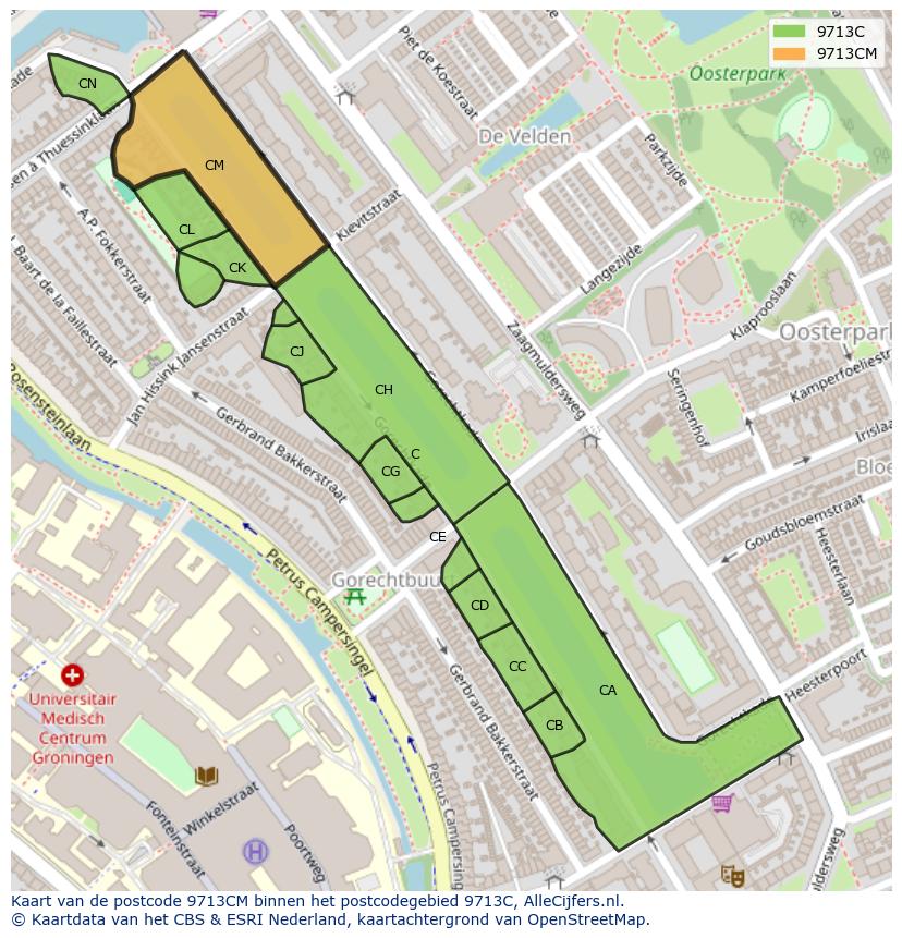 Afbeelding van het postcodegebied 9713 CM op de kaart.