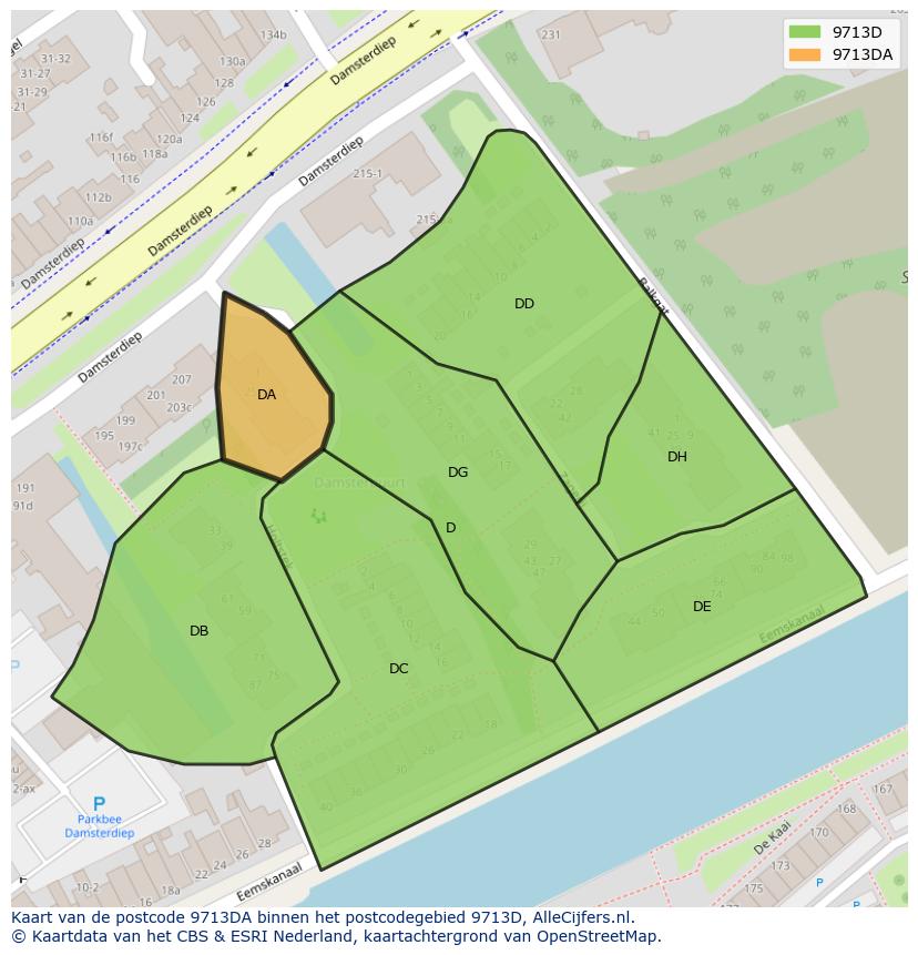 Afbeelding van het postcodegebied 9713 DA op de kaart.