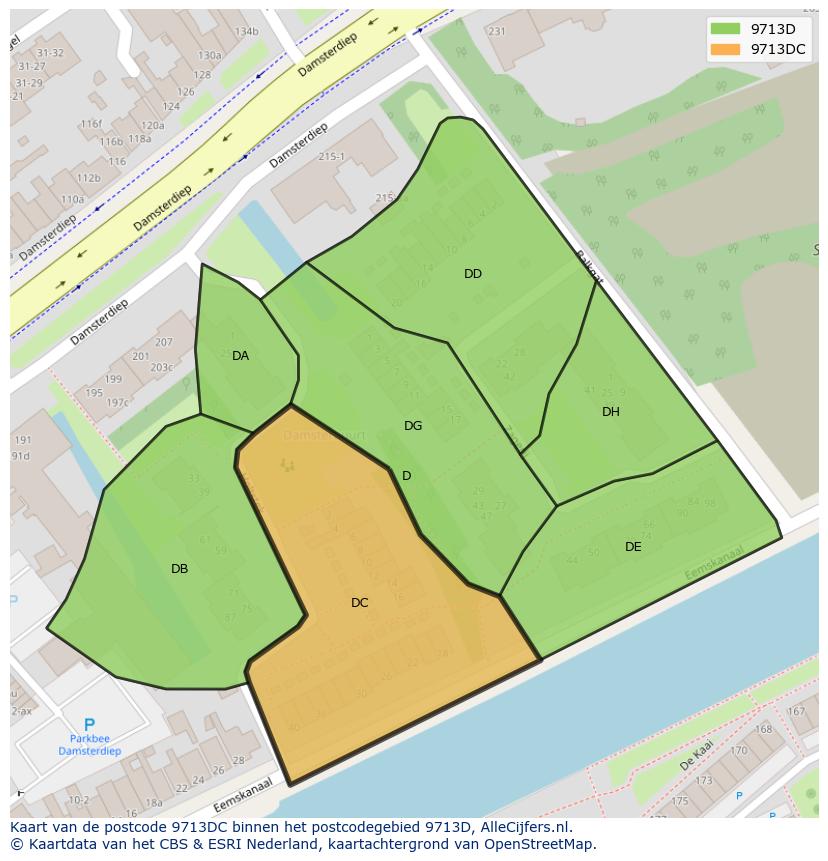 Afbeelding van het postcodegebied 9713 DC op de kaart.