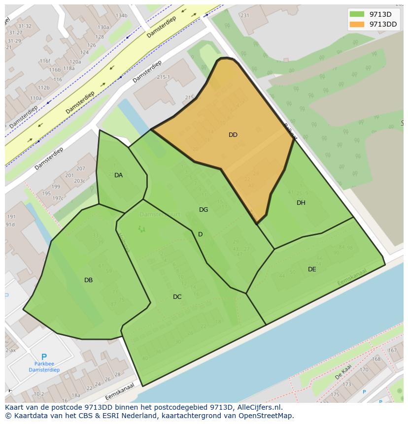Afbeelding van het postcodegebied 9713 DD op de kaart.