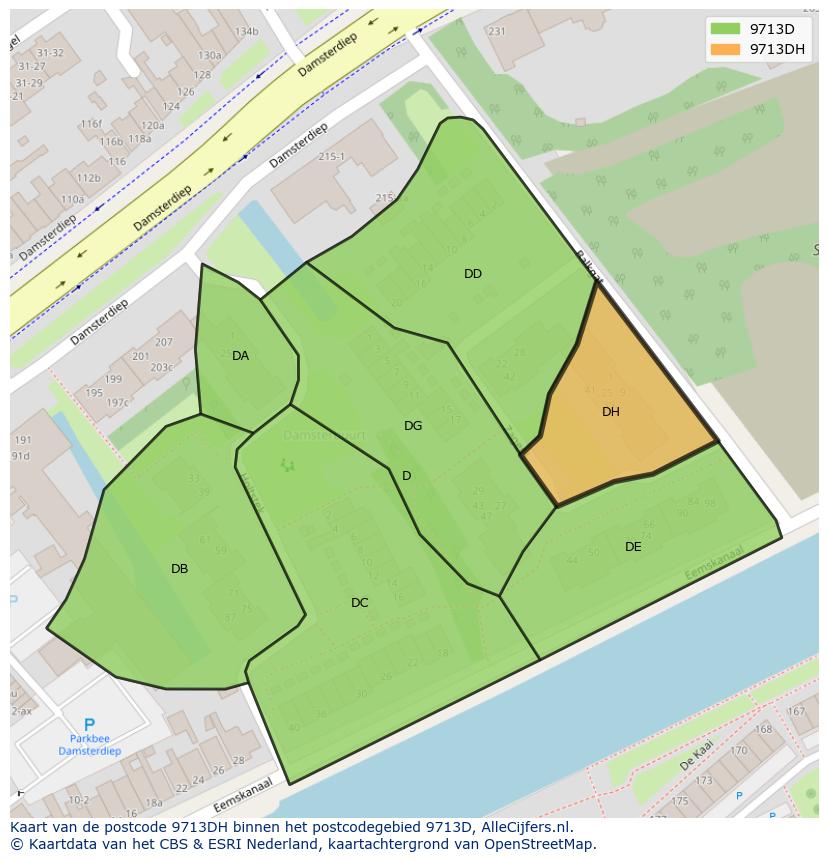 Afbeelding van het postcodegebied 9713 DH op de kaart.