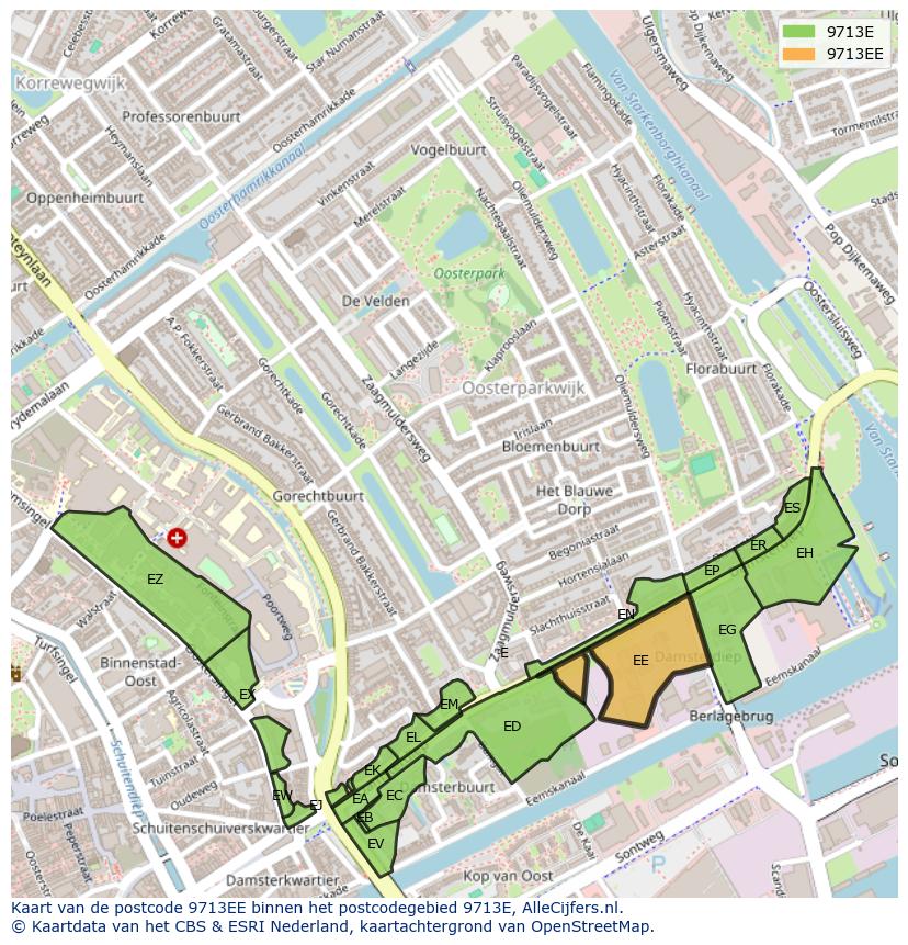 Afbeelding van het postcodegebied 9713 EE op de kaart.