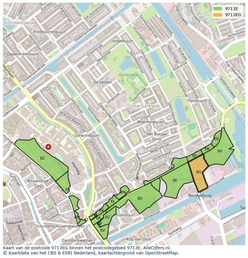 Afbeelding van het postcodegebied 9713 EG op de kaart.