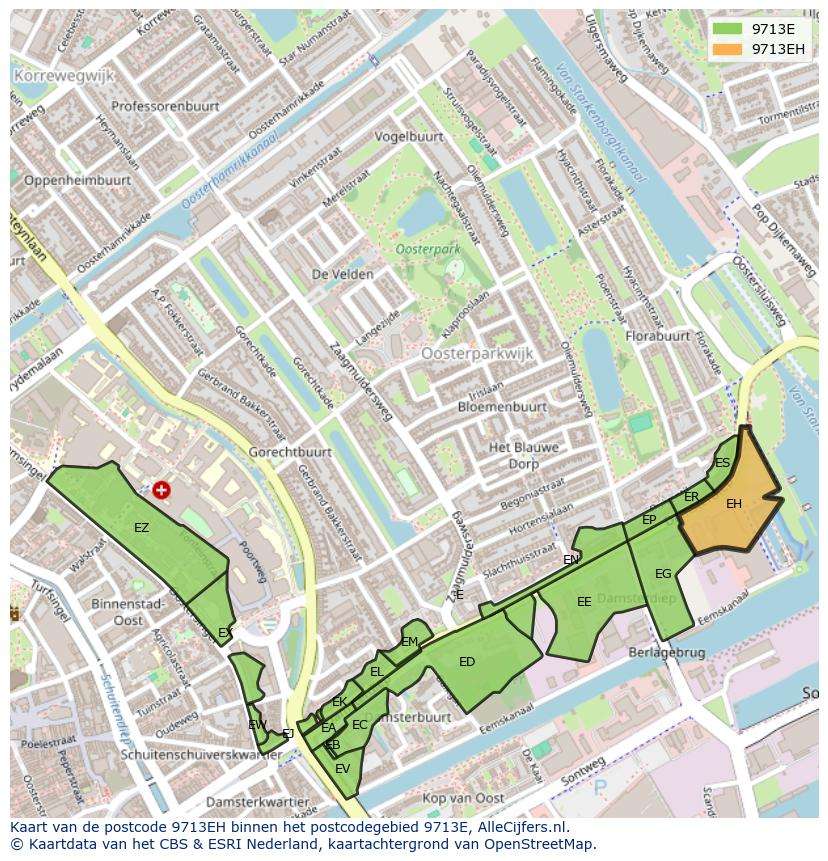Afbeelding van het postcodegebied 9713 EH op de kaart.