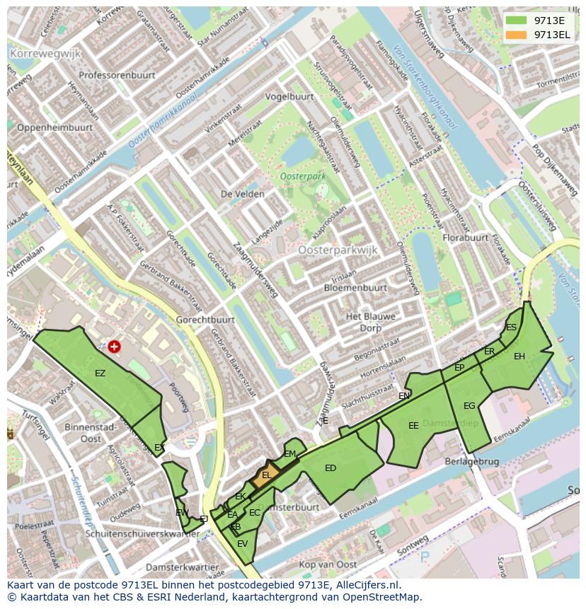 Afbeelding van het postcodegebied 9713 EL op de kaart.
