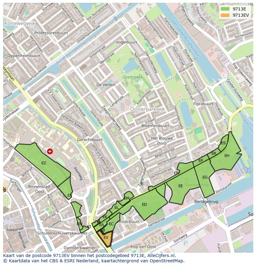 Afbeelding van het postcodegebied 9713 EV op de kaart.