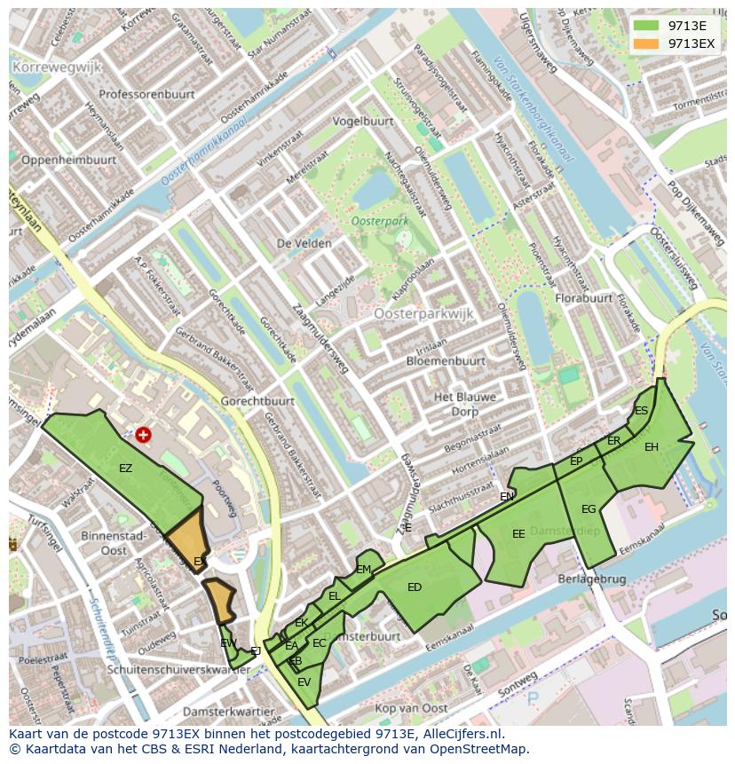 Afbeelding van het postcodegebied 9713 EX op de kaart.