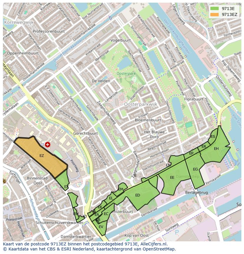 Afbeelding van het postcodegebied 9713 EZ op de kaart.