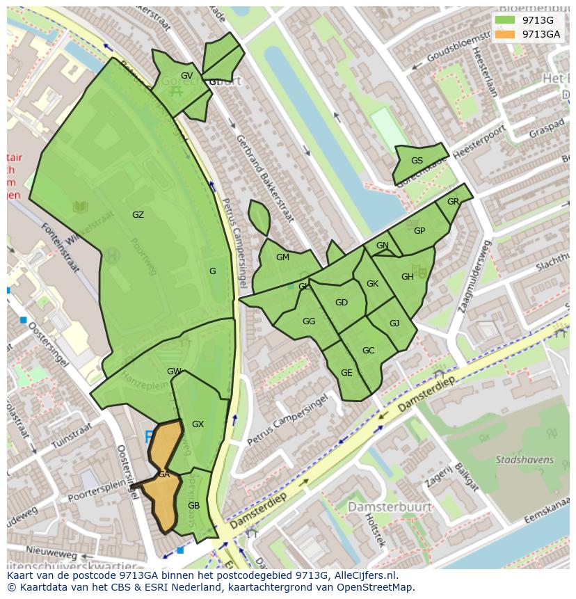 Afbeelding van het postcodegebied 9713 GA op de kaart.