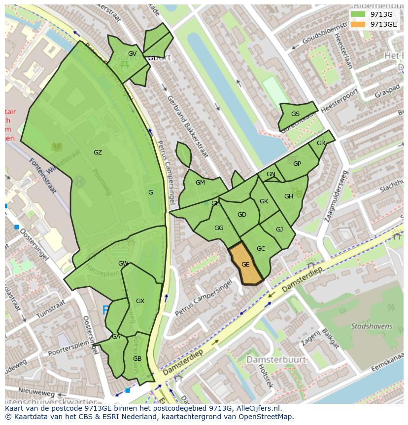 Afbeelding van het postcodegebied 9713 GE op de kaart.