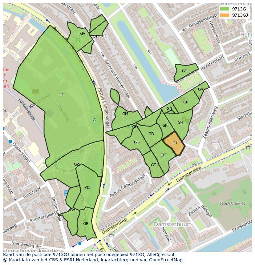 Afbeelding van het postcodegebied 9713 GJ op de kaart.