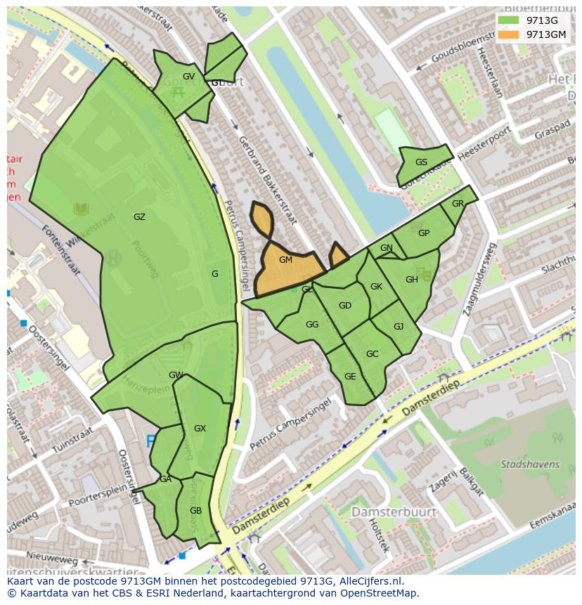 Afbeelding van het postcodegebied 9713 GM op de kaart.