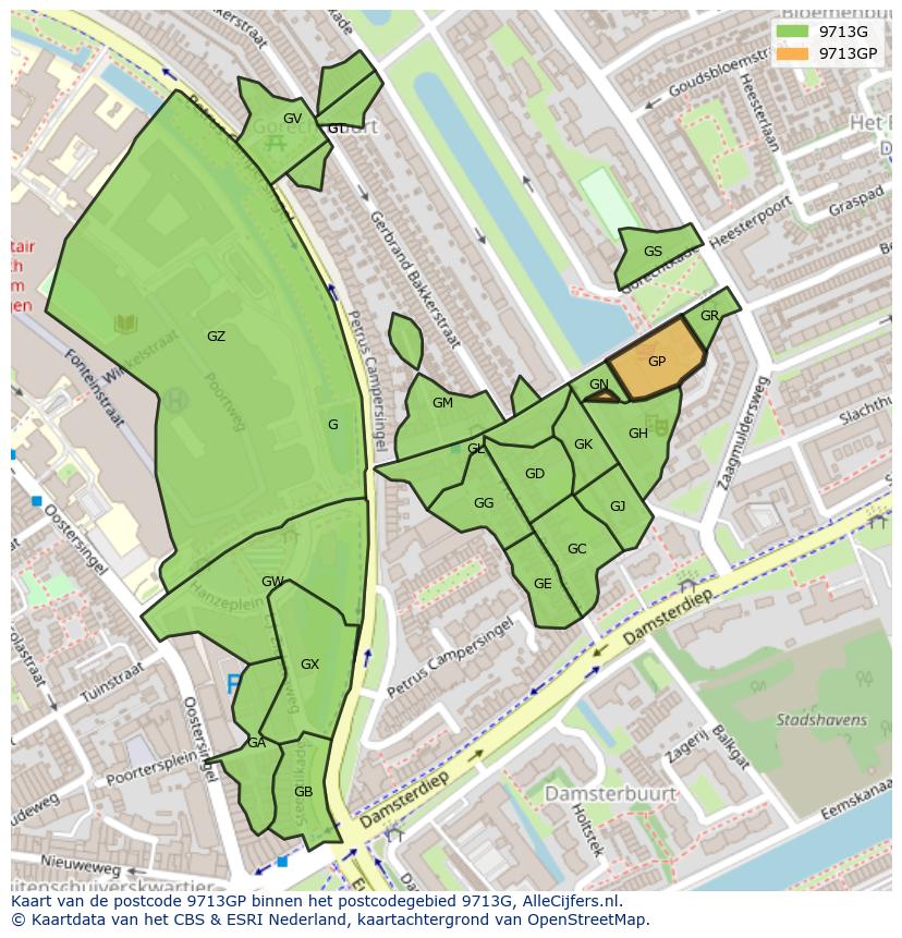 Afbeelding van het postcodegebied 9713 GP op de kaart.