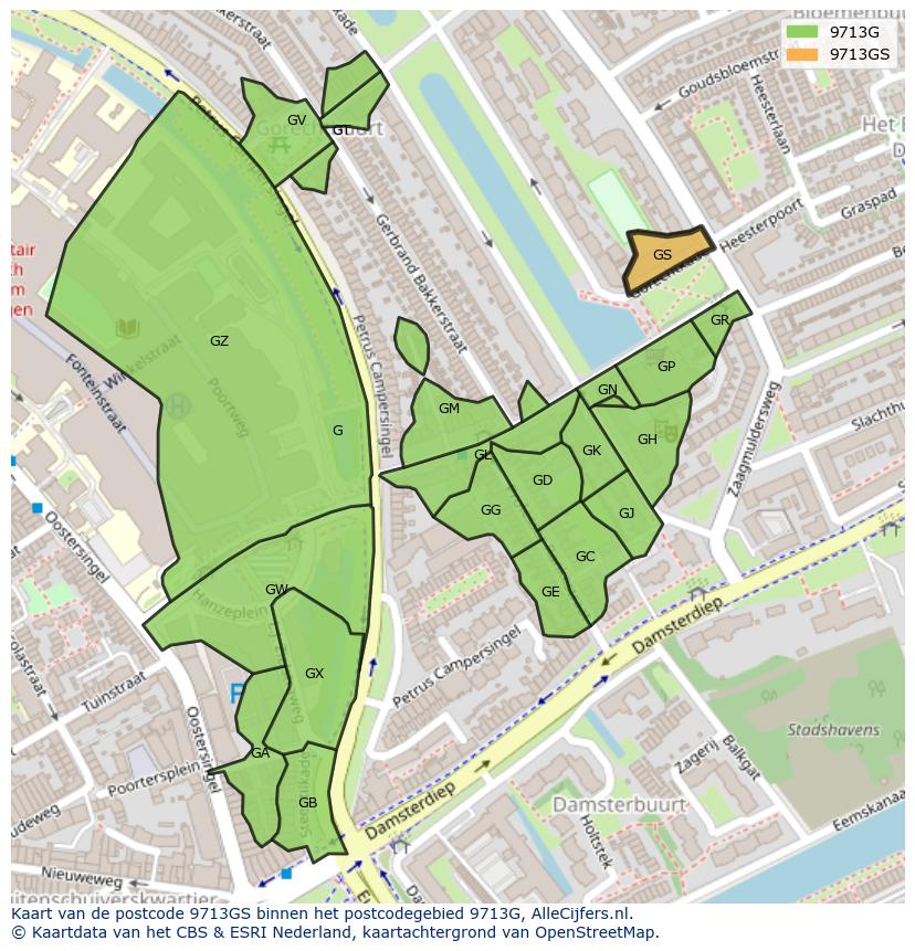 Afbeelding van het postcodegebied 9713 GS op de kaart.