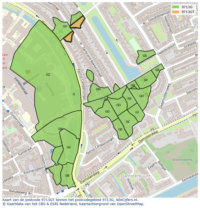 Afbeelding van het postcodegebied 9713 GT op de kaart.
