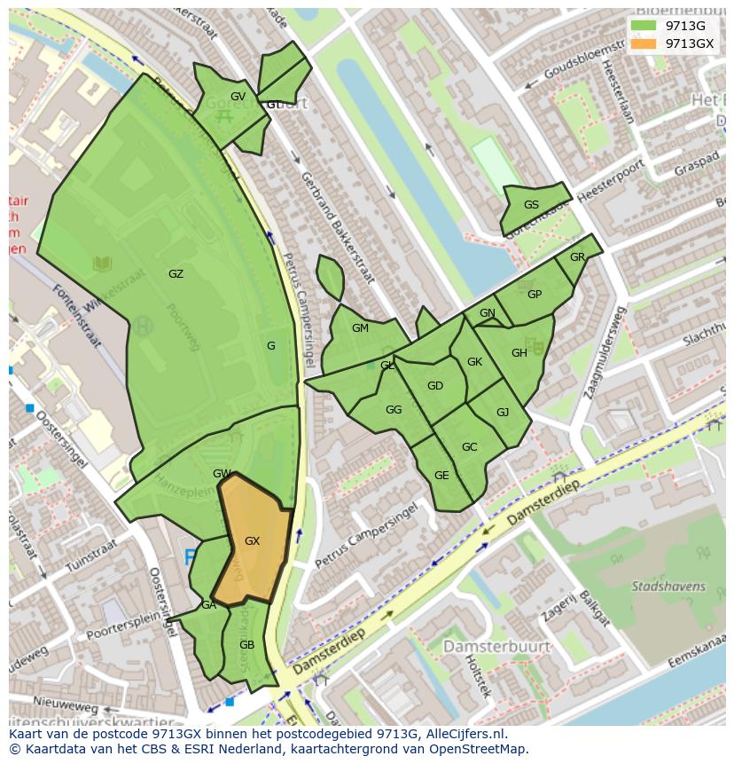 Afbeelding van het postcodegebied 9713 GX op de kaart.
