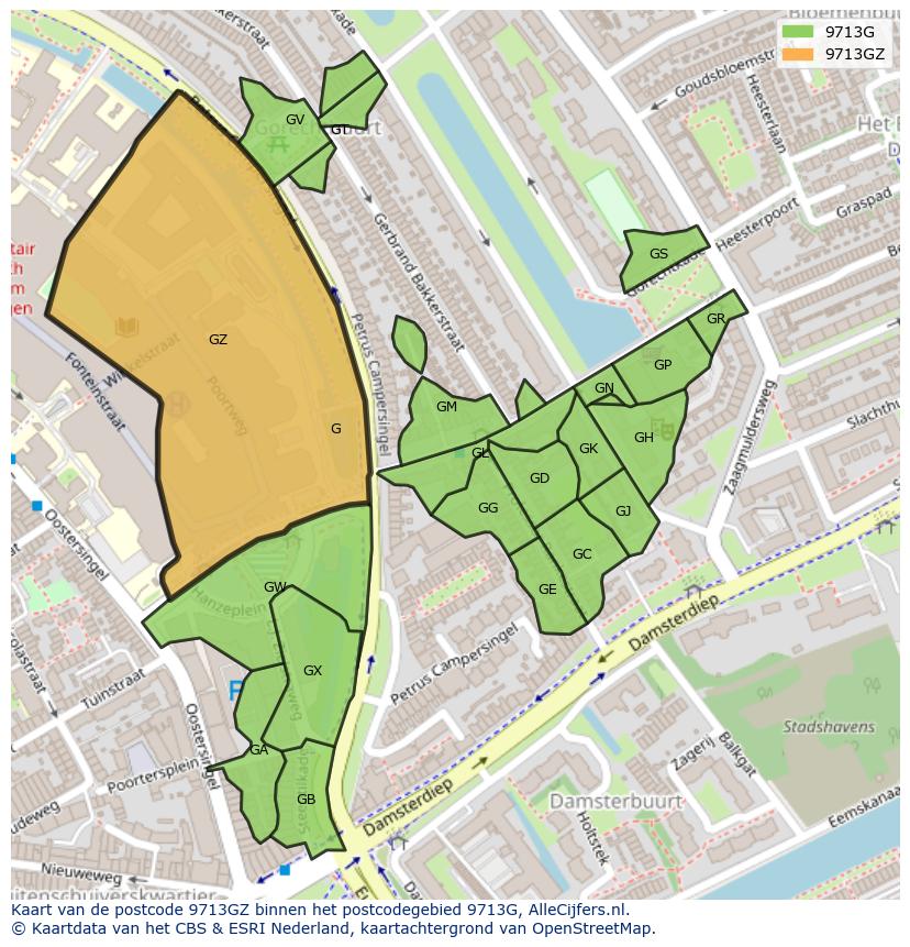 Afbeelding van het postcodegebied 9713 GZ op de kaart.