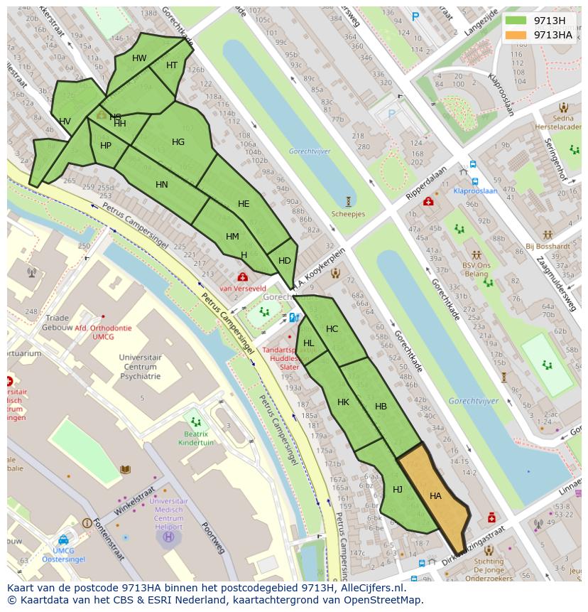 Afbeelding van het postcodegebied 9713 HA op de kaart.