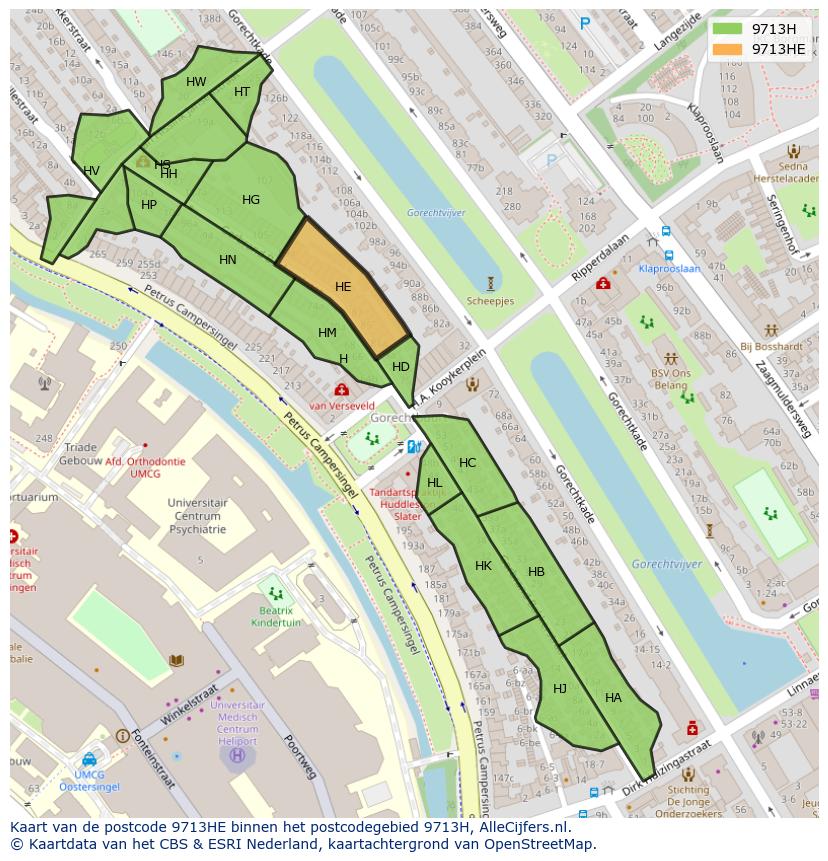 Afbeelding van het postcodegebied 9713 HE op de kaart.