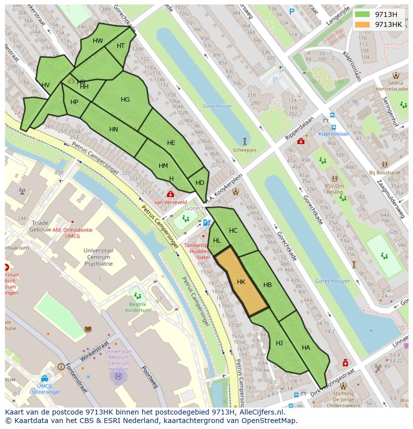 Afbeelding van het postcodegebied 9713 HK op de kaart.