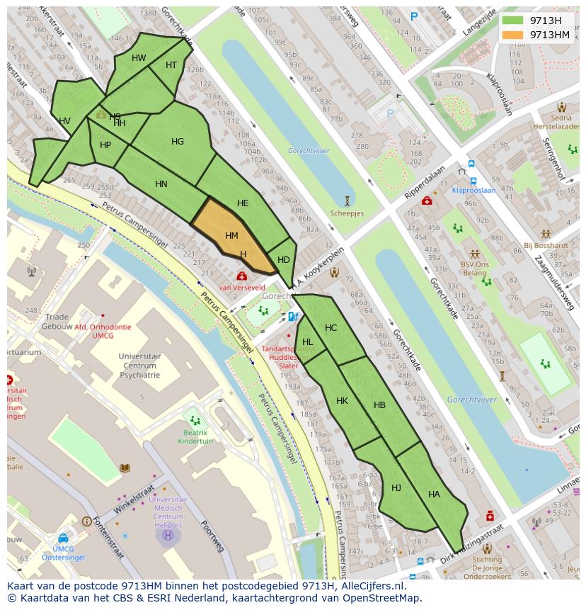 Afbeelding van het postcodegebied 9713 HM op de kaart.