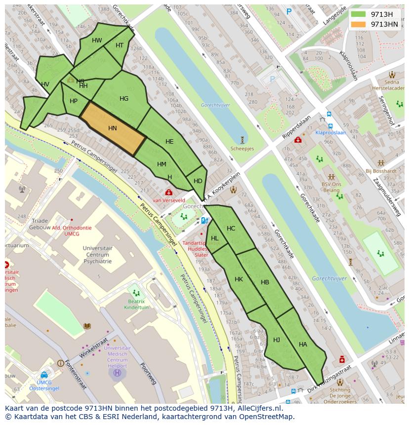 Afbeelding van het postcodegebied 9713 HN op de kaart.