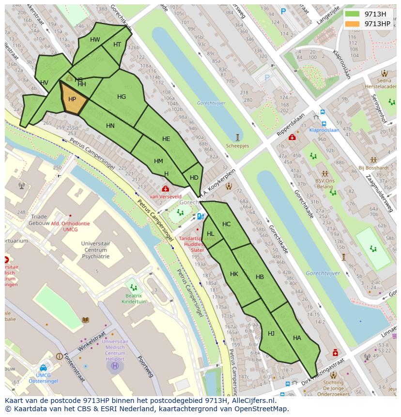 Afbeelding van het postcodegebied 9713 HP op de kaart.